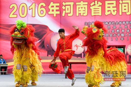 11月9日，选手在展演活动中进行舞狮表演。当日，为期4天的2016年河南省民间传统体育大会在河南省夏邑县开幕。新华社发
